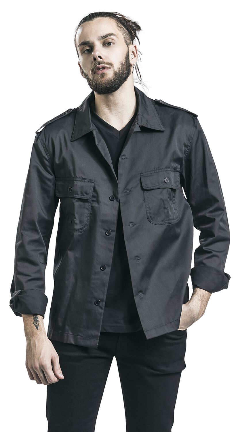 Chemise Militaire US Brandit Pour Homme - Noir, Manches Longues, Coupe Confortable