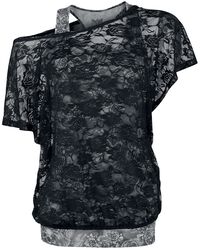 Haut Gris Avec T-Shirt En Dentelle Noire, Black Premium by EMP, T-Shirt Manches courtes